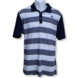 Adidas Golf Mens L Polo Shirt Blue White Striped Short Sleeve Stretch Pullover